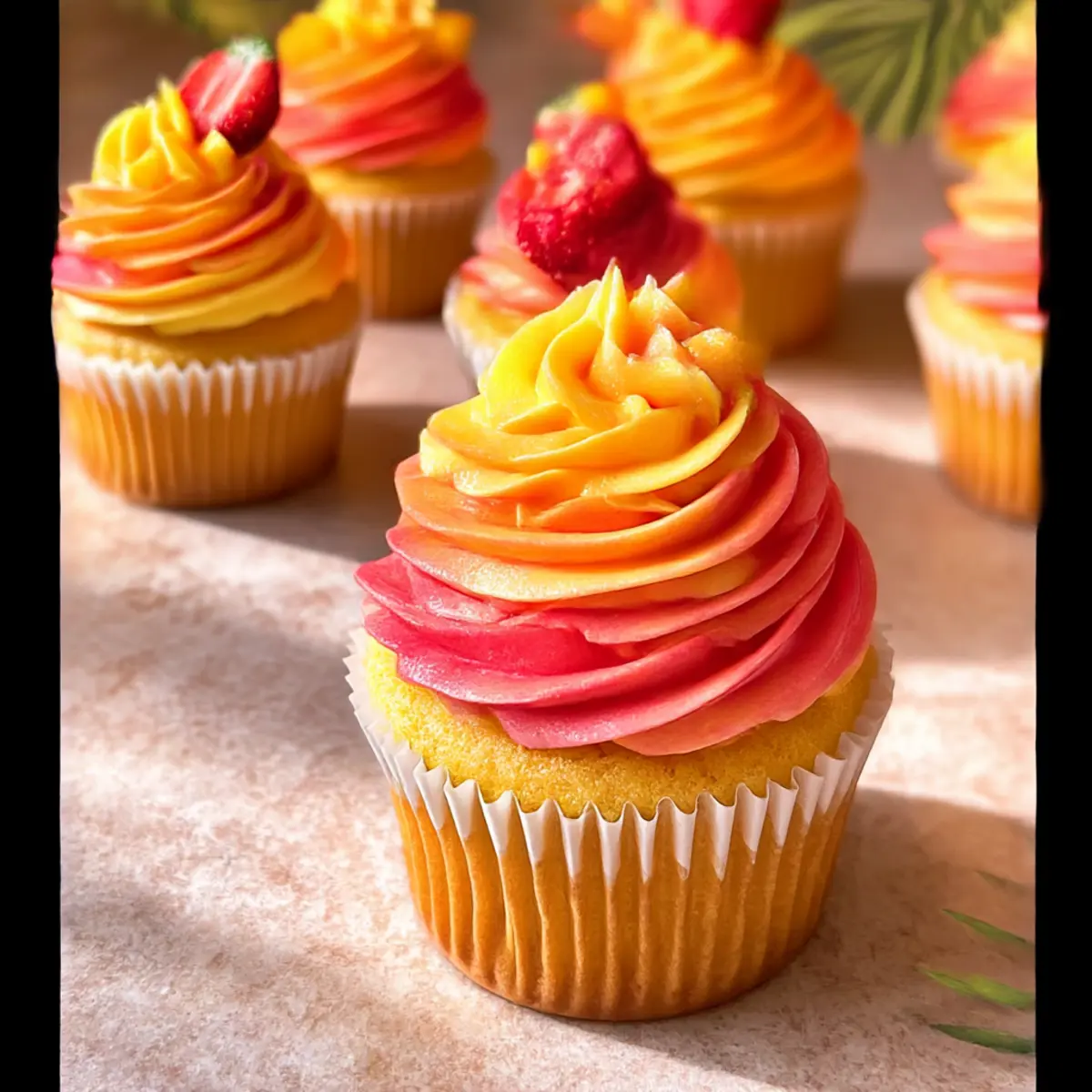 Mango Erdbeer Sonnenuntergang Cupcakes für den Sommer