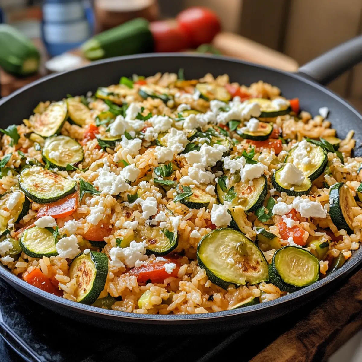 Mediterrane Zucchini-Reis-Pfanne mit Feta genießen
