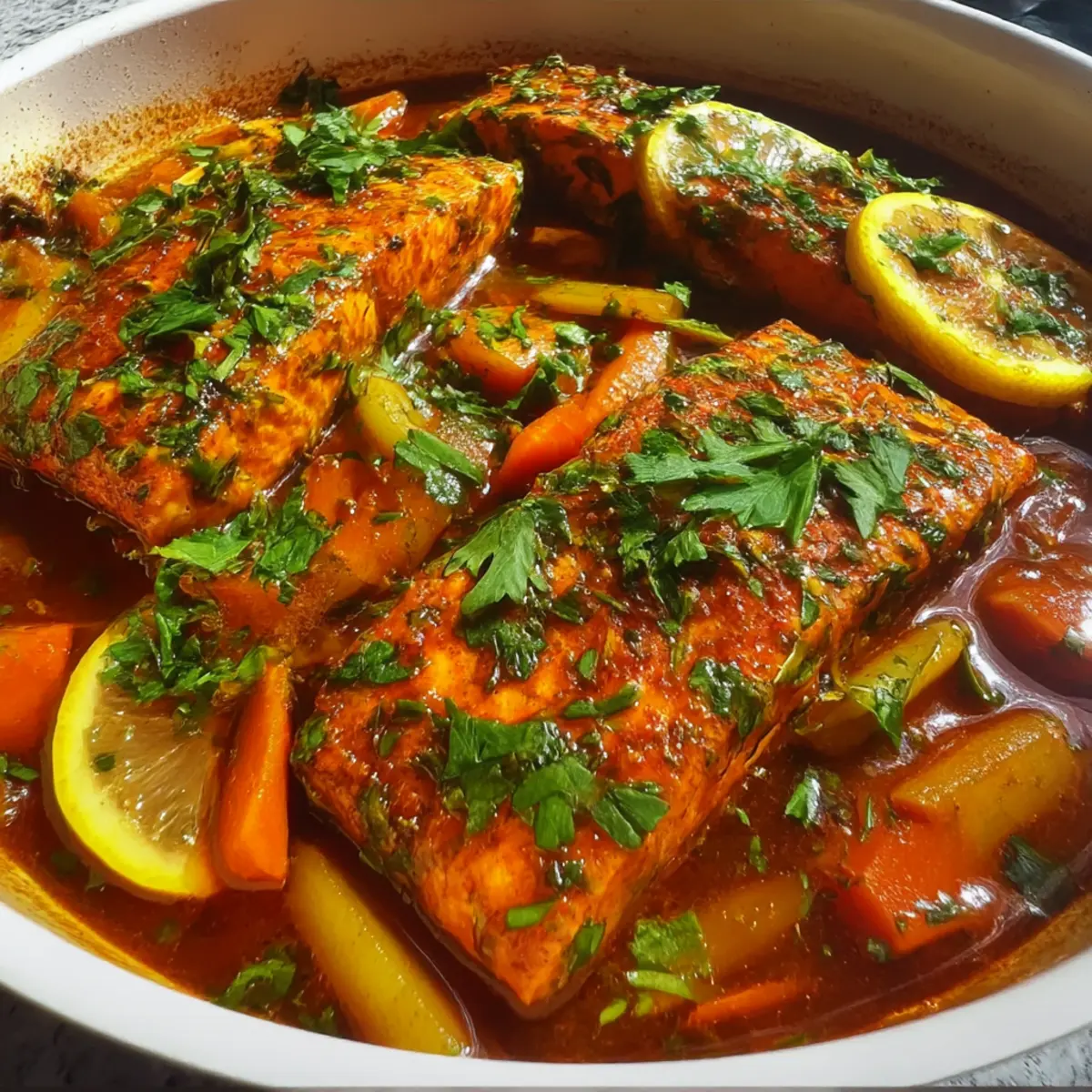 Scharfer marokkanischer Fisch in reichhaltiger Soße