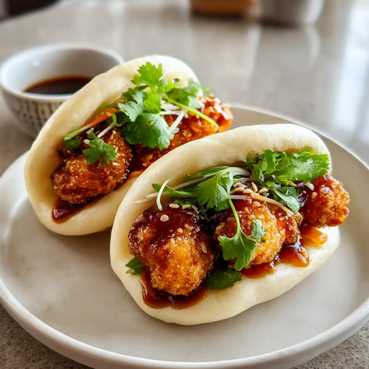 Klebende Knusprige Hühnchen Bao Brötchen für Zuhause